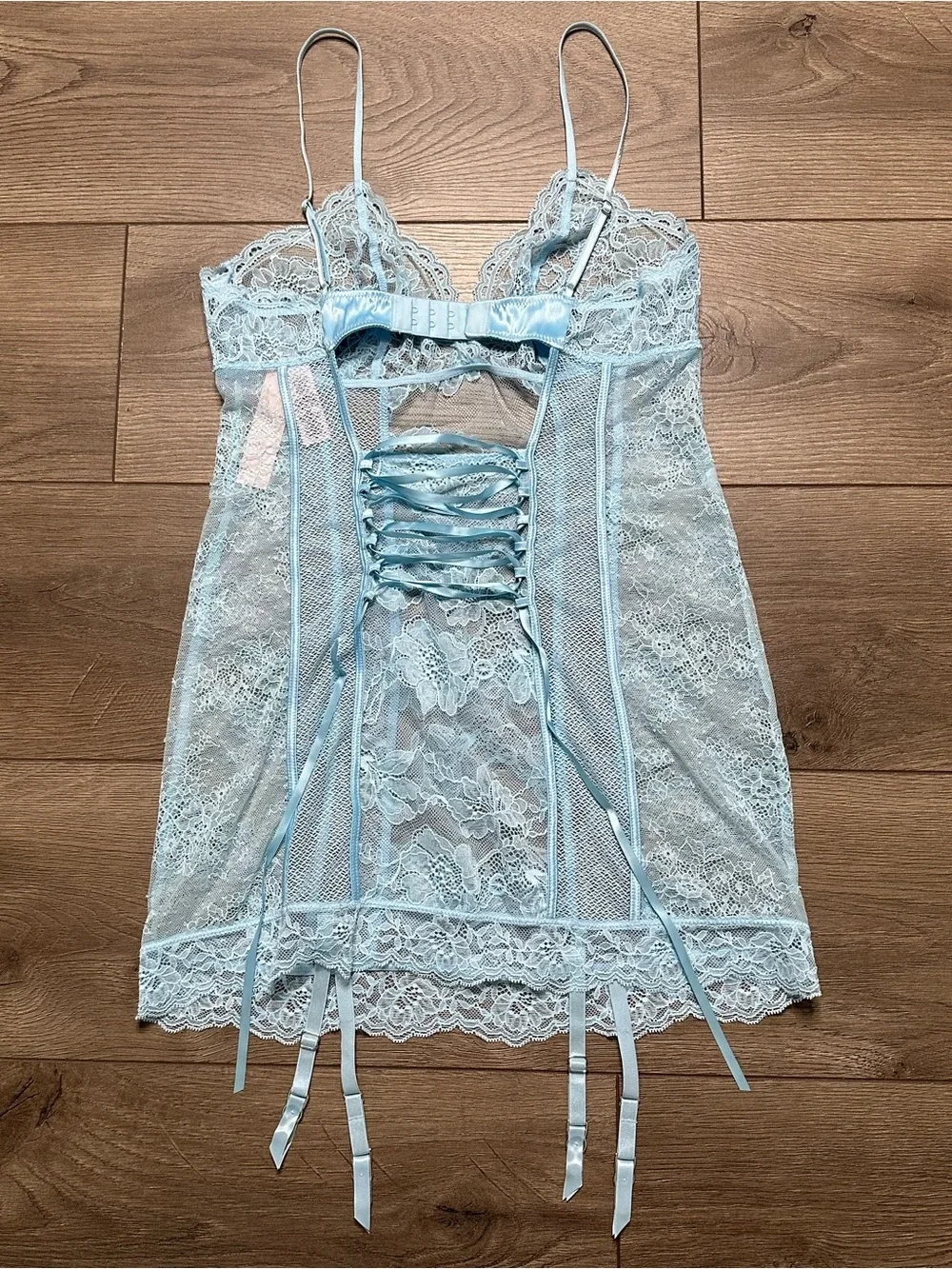 Victoria's Secret Very Sexy Lace Garter Slip And Thong Panty Set Blue Medium